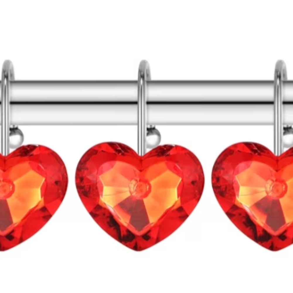 New 12 Shower Curtain Hooks. New Heart-Shaped Red Acrylic.
